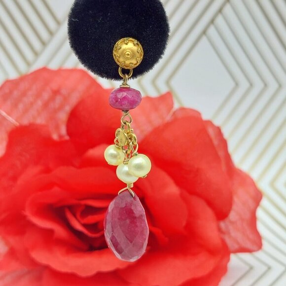 Maroon Teardrop Earrings Natural Stone 825 Gold Dangle Pearls Long 2.25" - Picture 3 of 6